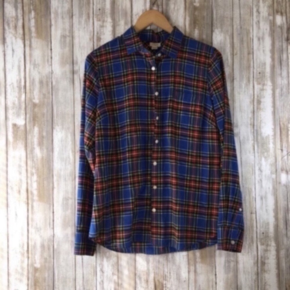 J.Crew Plaid Button Down Blue Red Tartan Cotton Collared Casual Preppy Layering